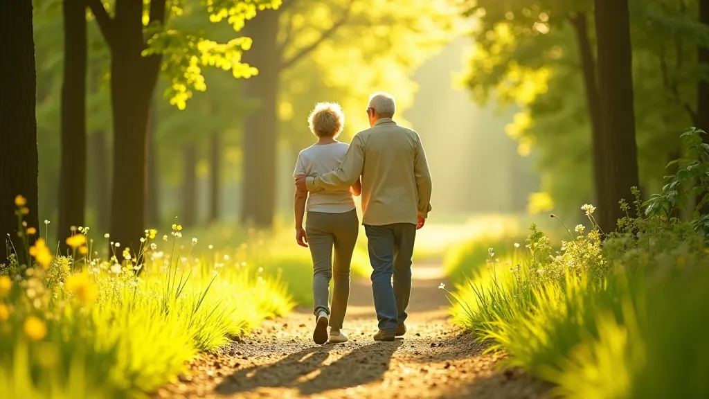 Seniori pastaigājas pa mežaparka maršrutiem saules apspēlētā mežā