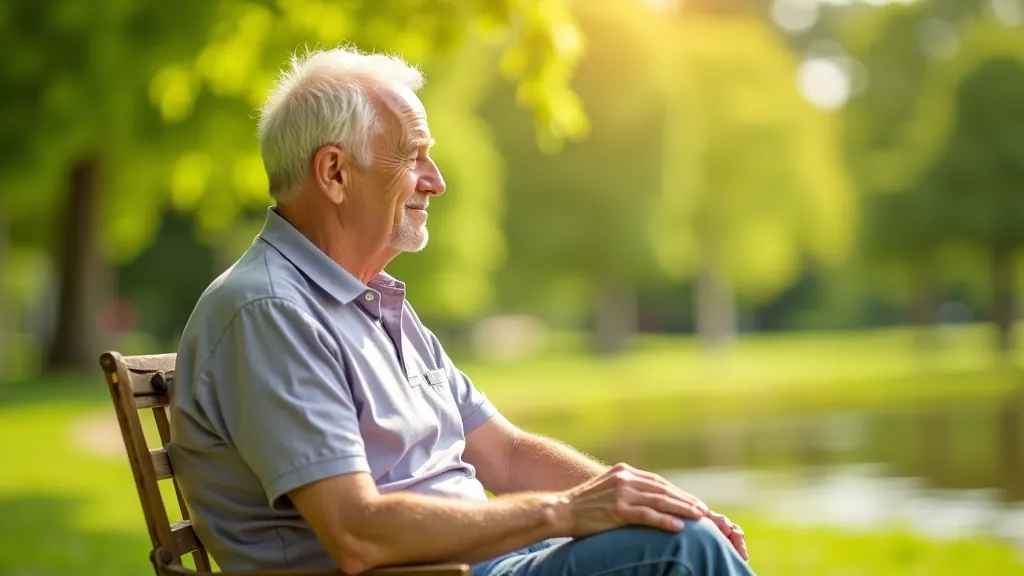 Seniori sēž uz sola meža vidū, dzerot ūdeni un daloties stāstus
